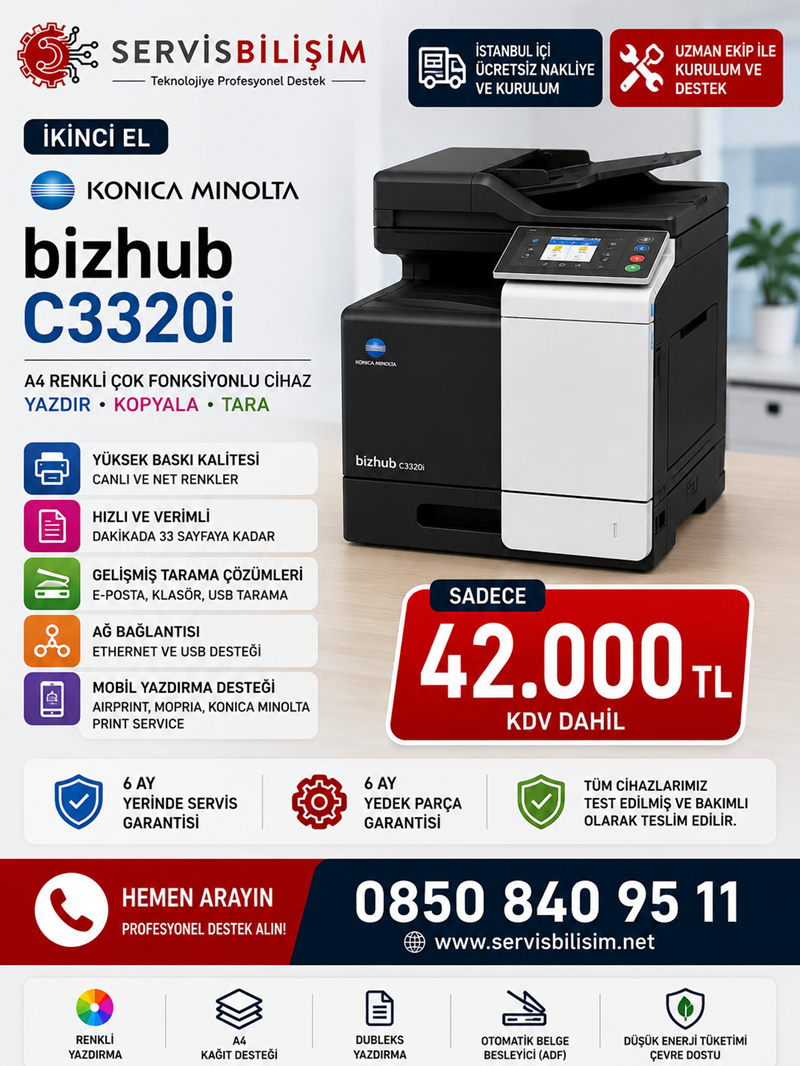 Konica Minolta bizhub C3320i A4 Renkli Fotokopi Yazıcı Tarayıcı